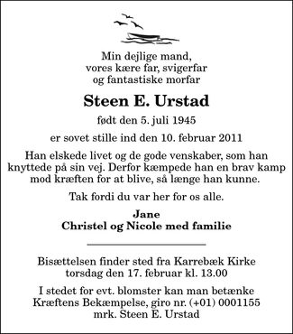 R3649 Steen E. Urstad. Dødsannonce R3649 Steen E. Urstad. Dødsannonce